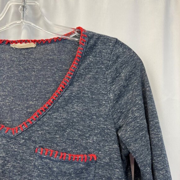 Honey Punch Women’s V-Neck Long Sleeve Top Hi-Low Stitched Trim Blue/Red S - Picture 3 of 9